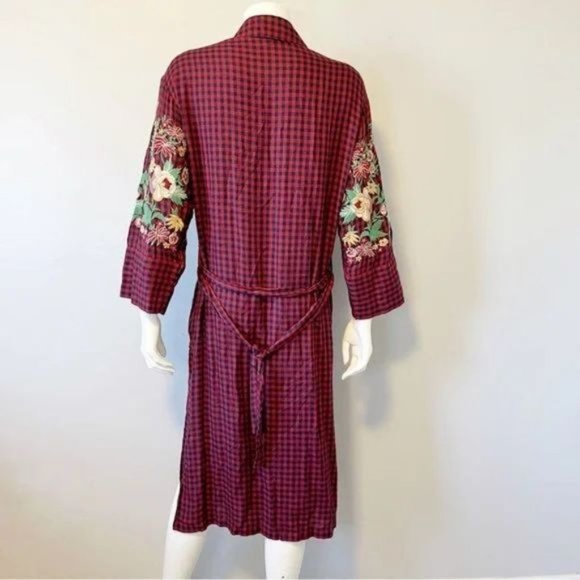 Zara trf Duster Tunic Dress Red Navy Plaid Embroidered Floral Belted size XS - Picture 5 of 14